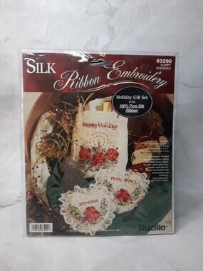 Vintage Bucilla Ribbon Embroidery Holiday Gift Set 83290 Happy Holidays